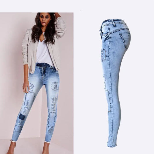 Denim Faded Patchwork Ladies Low Rise High Stretch Push Up Skinny Jeans