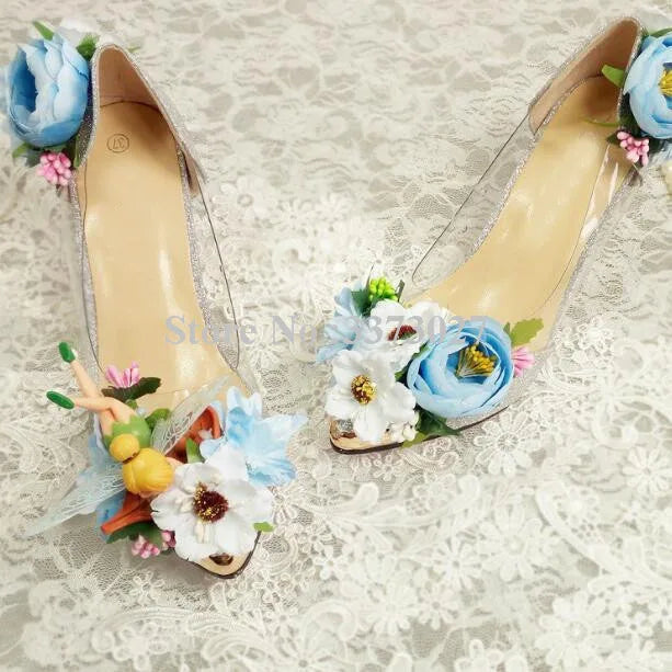 Pink/Baby Blue Rose Flower Decor Women's High Heel Pointed Toe Slip-On Pumps