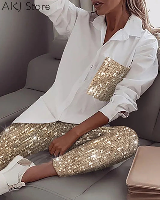 Sequin Long Sleeve Blouse & Glitter Shiny Pant 2-Piece Set