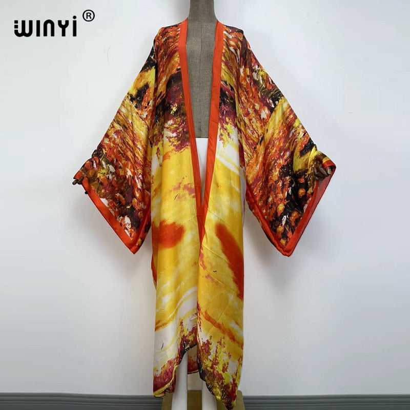 Bohemian African Batwing Sleeve Silk Maxi Cardigan Dress