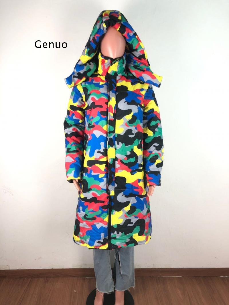 Colored Camouflage Print Long Unisex  Cotton Padded Coat w/ Detachable Hood