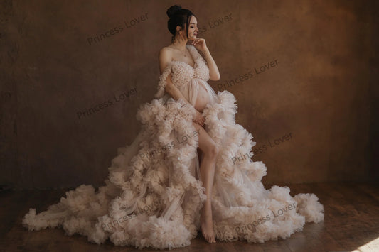 Maternity Tulle Ruffled Wrap Fluffy Baby Shower Gown Dress