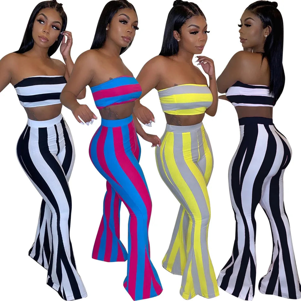 Sleeveless Striped Colorblock Tube Top+ Bodycon Flared Leggings Women's 2-Piece Set
