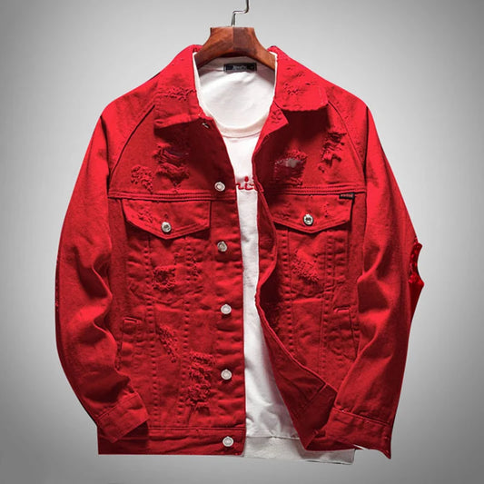 Red Men's "#PEACE JUST WANTED TO BE FREE" Embroidered Ripped Denim Jean Jacket