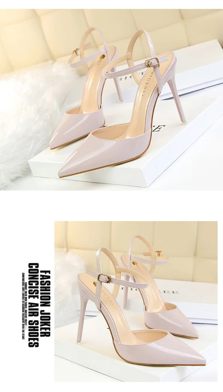 Patent Leather Stiletto Heel Buckle Strap Solid Color Sandal Pumps