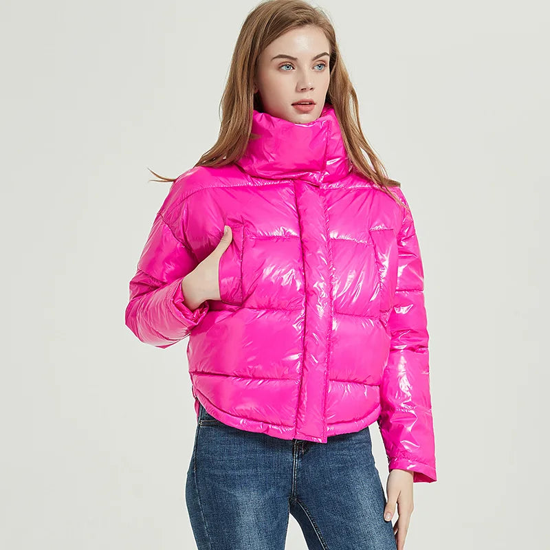 Glossy Hot Pink Women's Down Cotton Padded Waterproof Jacket