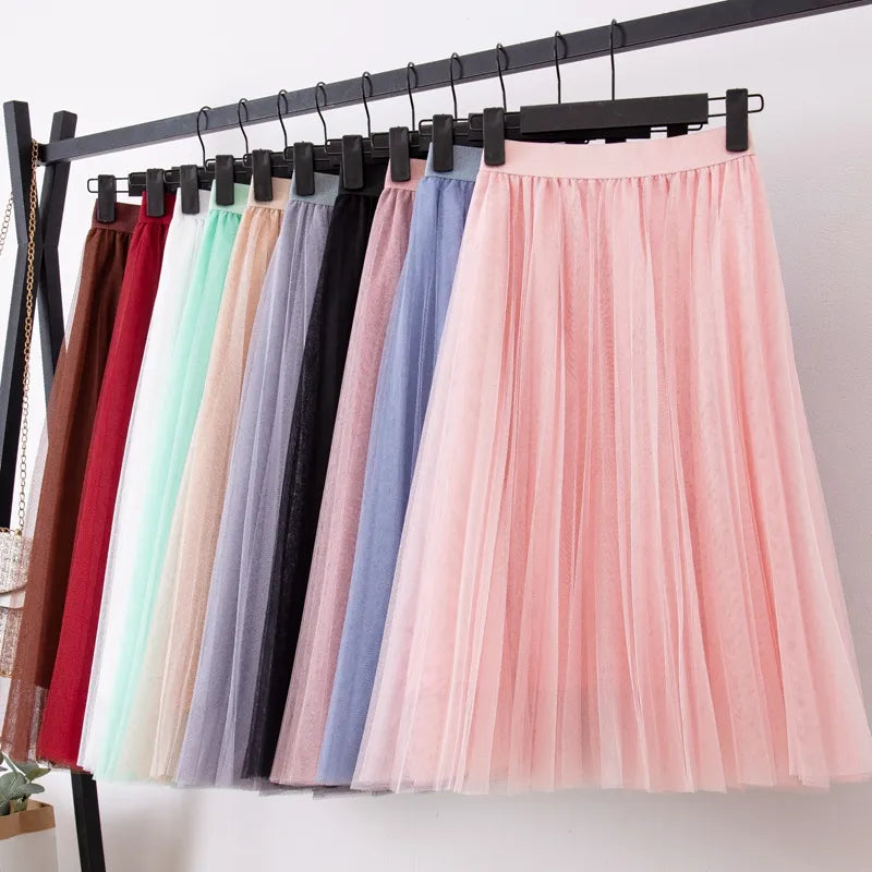 Mesh Elastic Waist Pleated Midi Tutu Skirt