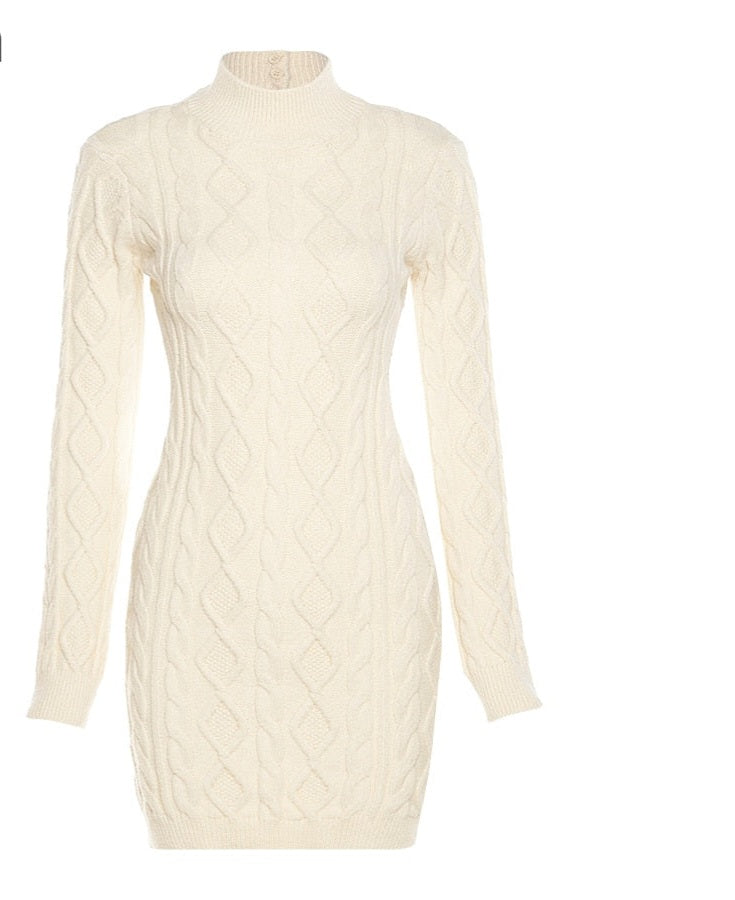 Open Back Knitted Solid Turtleneck Mini Sweater Dress