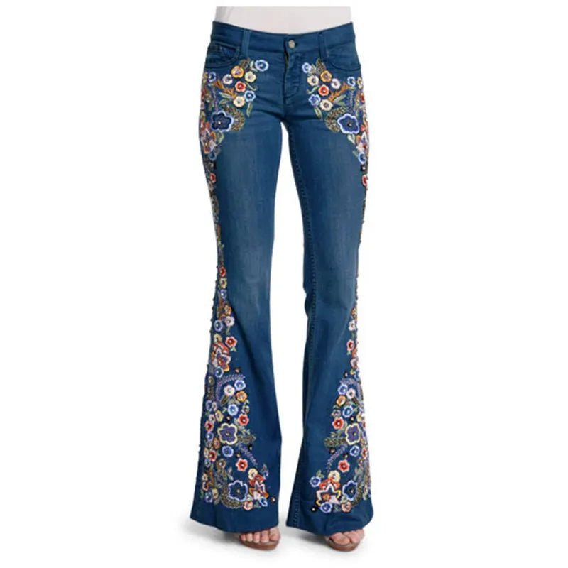 Floral Embroidered Long Flare Wide Leg Bell Bottom Denim Jeans to 4X