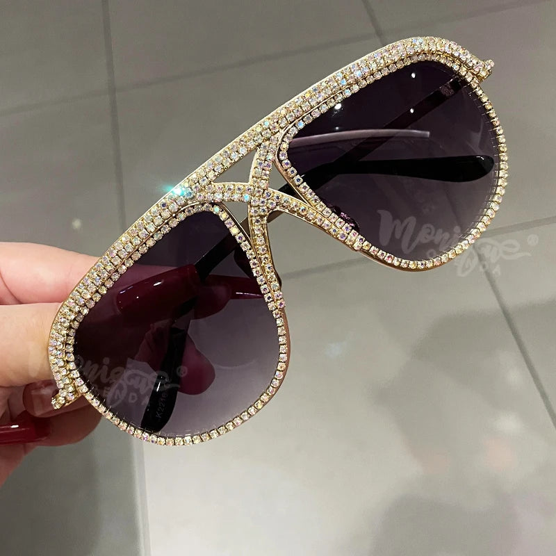 Metallic Iced Out Women's Criss-Cross Rhinestone Encrusted Oversized Shield Sunglasses