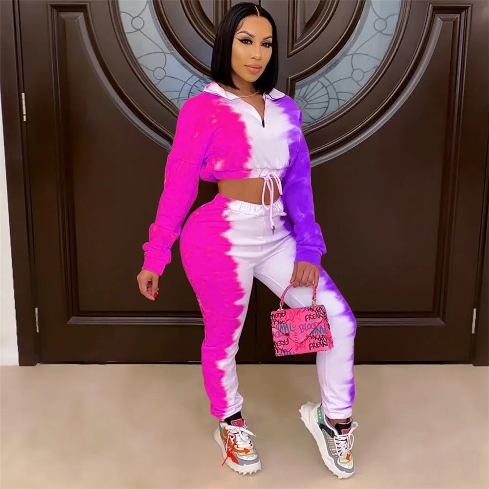 Tie-Dye Colorblock Women's Long Sleeve Zipper Pullover Crop Top + Sweatpants Tracksuit