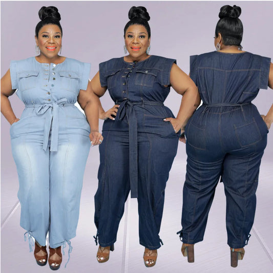 Denim O-Neck Dark Blue/Light Blue Button-Up Sleeveless Cargo Pocketed Jean Jumpsuit w/ Sash Belt to 5X Plus Size