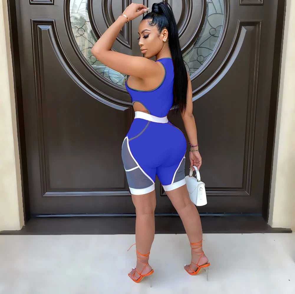 Colorblock Patchwork Sleeveless Bodycon Deep V-Neck Women's Fitness Workout Shorts Romper