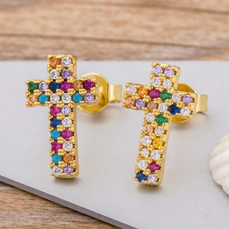 Rainbow Cross Gold Color Micro Paved CZ Earrings