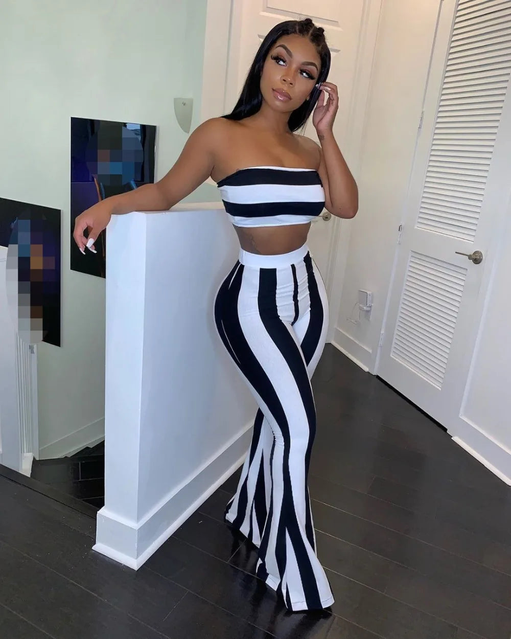 Sleeveless Striped Colorblock Tube Top+ Bodycon Flared Leggings Women's 2-Piece Set