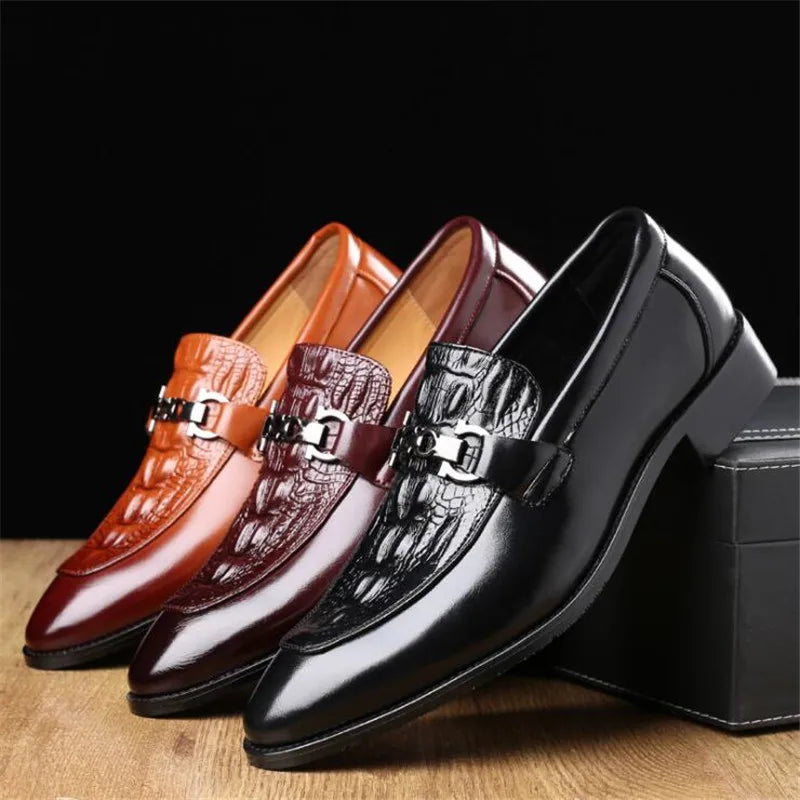 Crocodile Grain Leather Men's Business Slip-On Buckle Flat Loafers