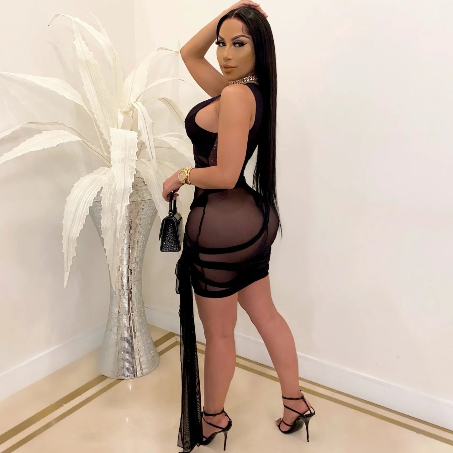 Sleeveless Bandage Criss-Cross Hollow-Out Design Transparent Mesh Mini Club Party/Prom Dress