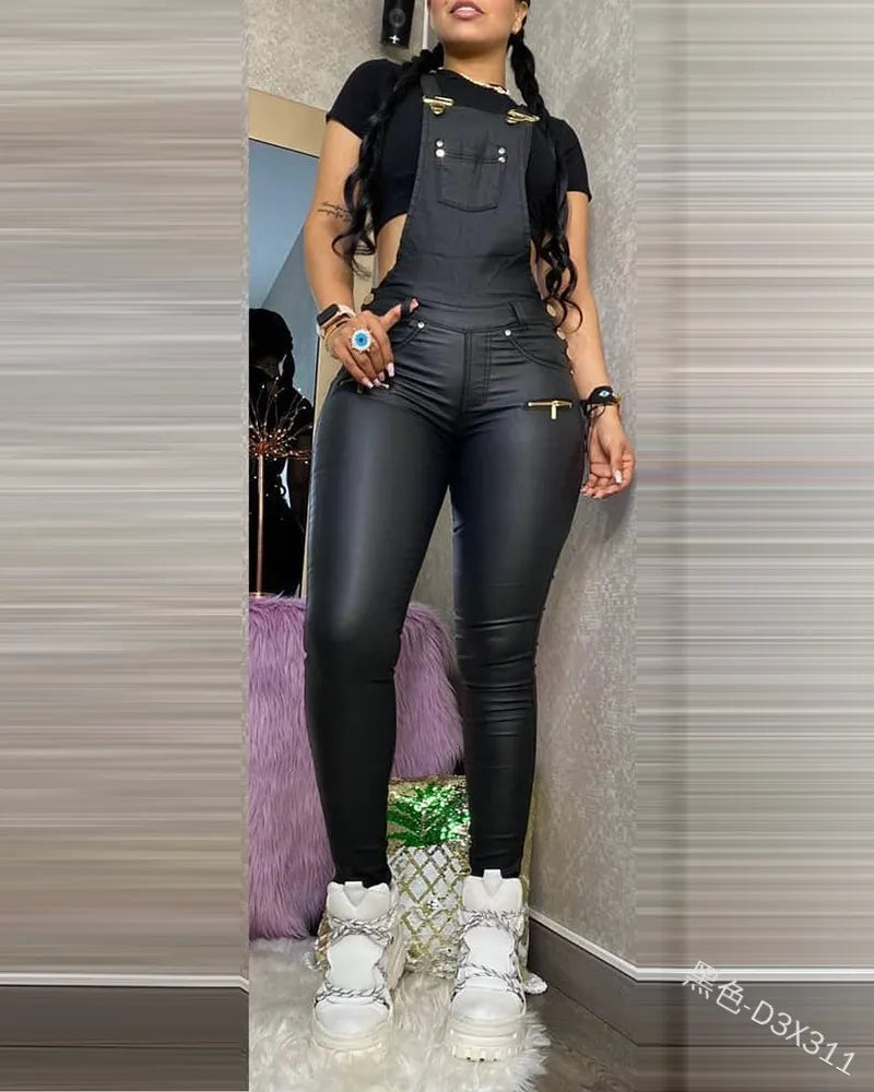 Solid PU Leather Suspender Skinny Overall Jumpsuit