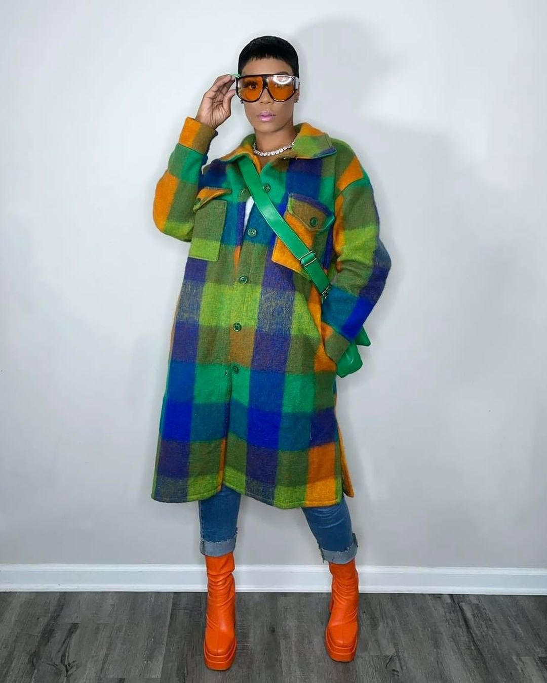 Plaid Colorblock CashmereTurn-Down Collar Long Wool Coat