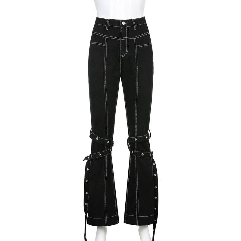 Streetwear Bandage Flare Leg Punk Aesthetics High Waist Denim Black Jeans