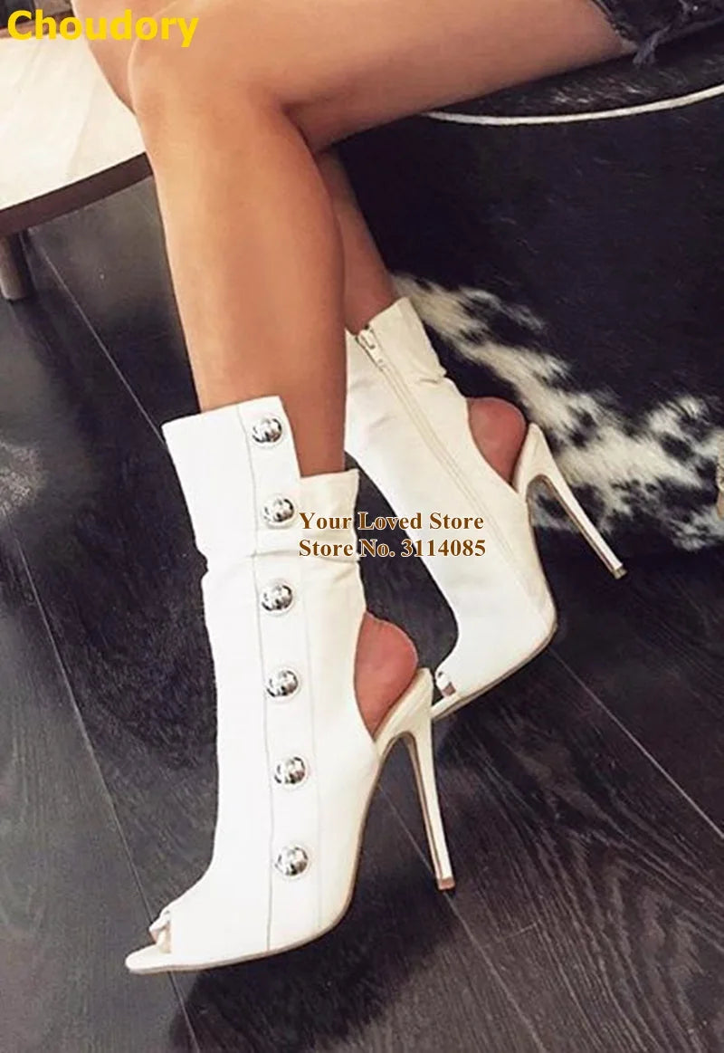 Metal Button Embellished Hollow-Out Open Toe Stiletto Heel Zipper Ankle Boots