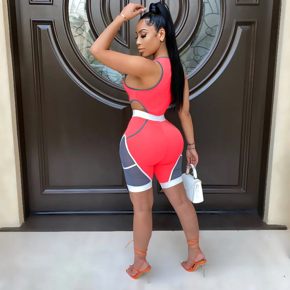 Colorblock Patchwork Sleeveless Bodycon Deep V-Neck Women's Fitness Workout Shorts Romper