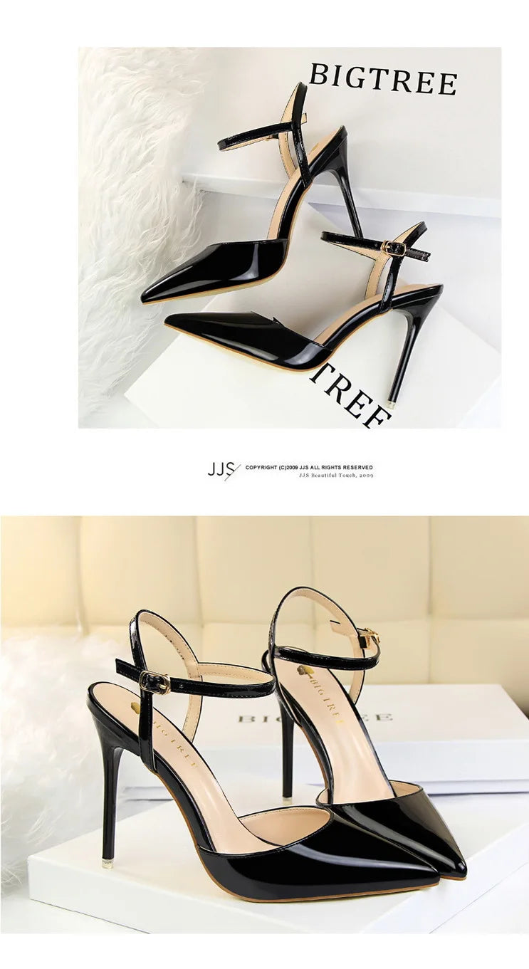 Patent Leather Stiletto Heel Buckle Strap Solid Color Sandal Pumps