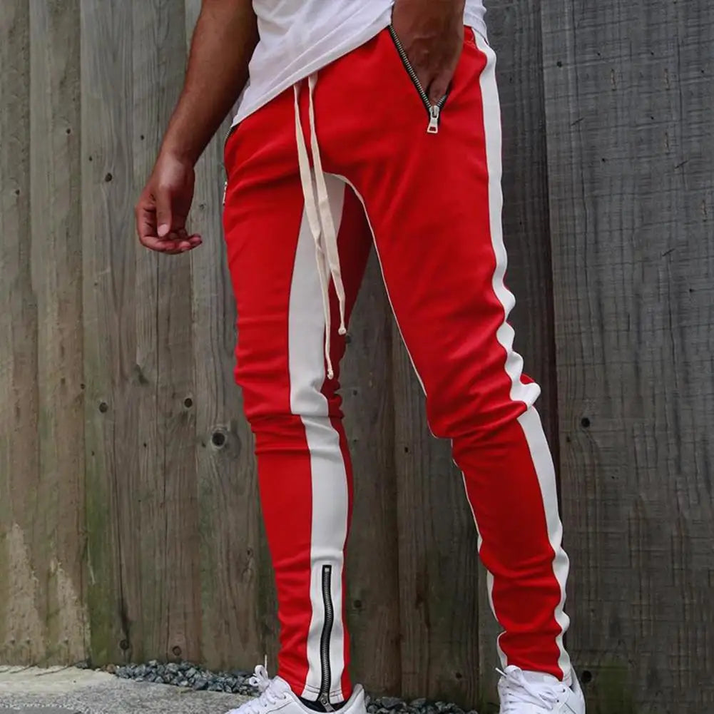 Zipper Ankle Solid Side Striped Men's Contrast Color Elastic Waist Drawstring Sweatpants