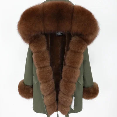 Colorblock Real Fur Oversized Collar Hip-Hop Design Women's Hooded Full Pelt Trenchcoat