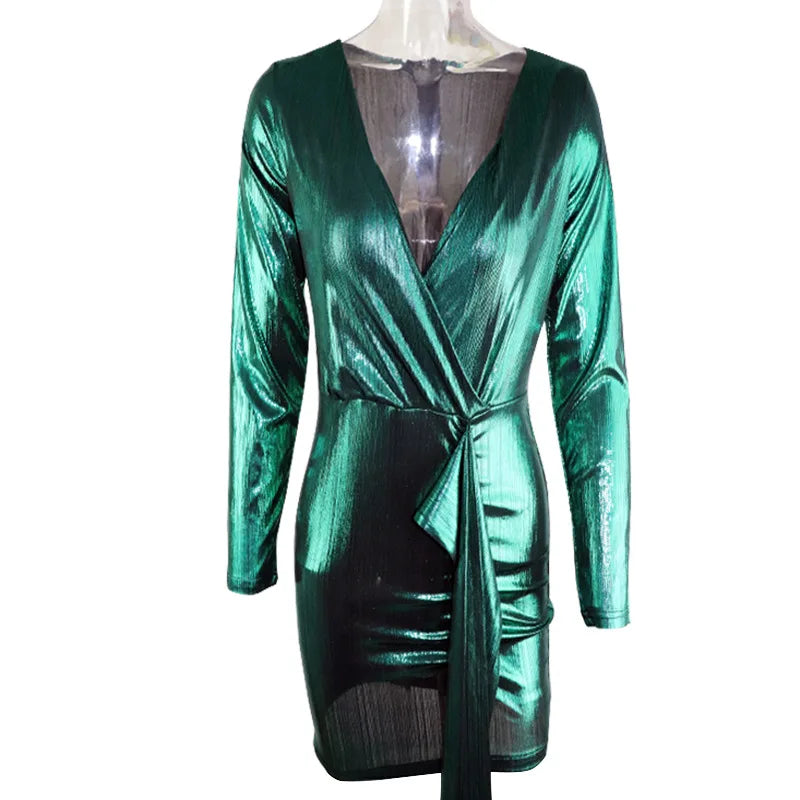 Glossy Metallic Bandage Bodycon V-Neck Long Sleeve Mini Party Dress