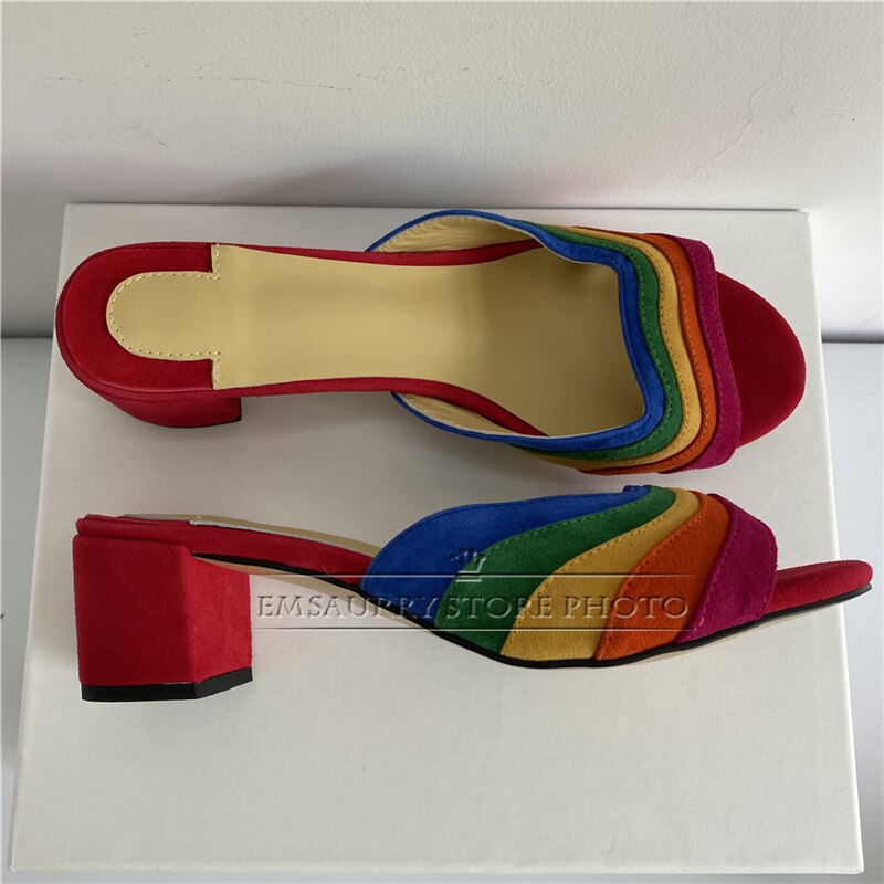 Suede Rainbow Colorblock Striped Peep Toe Shallow Chunky Square Platform Heel/Flat/ Pumps Pride Sandals