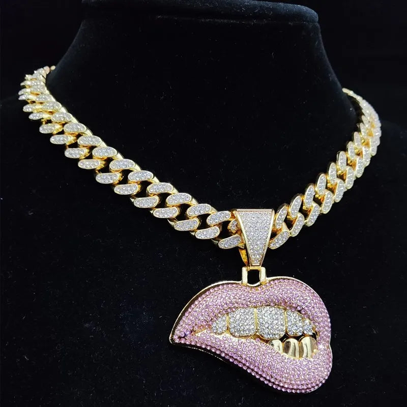 Pink Bite Lip Pendant Crystal Iced Out Hip-Hop Cuban Link Chain Necklace