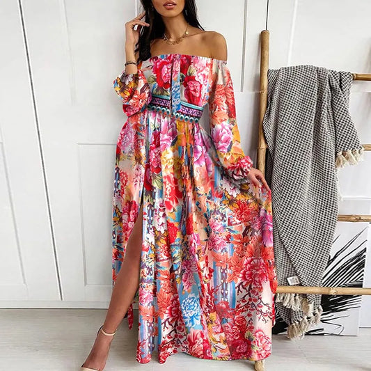 Floral Off Shoudler Strapless Split Vintage Long Sleeve Maxi Dress