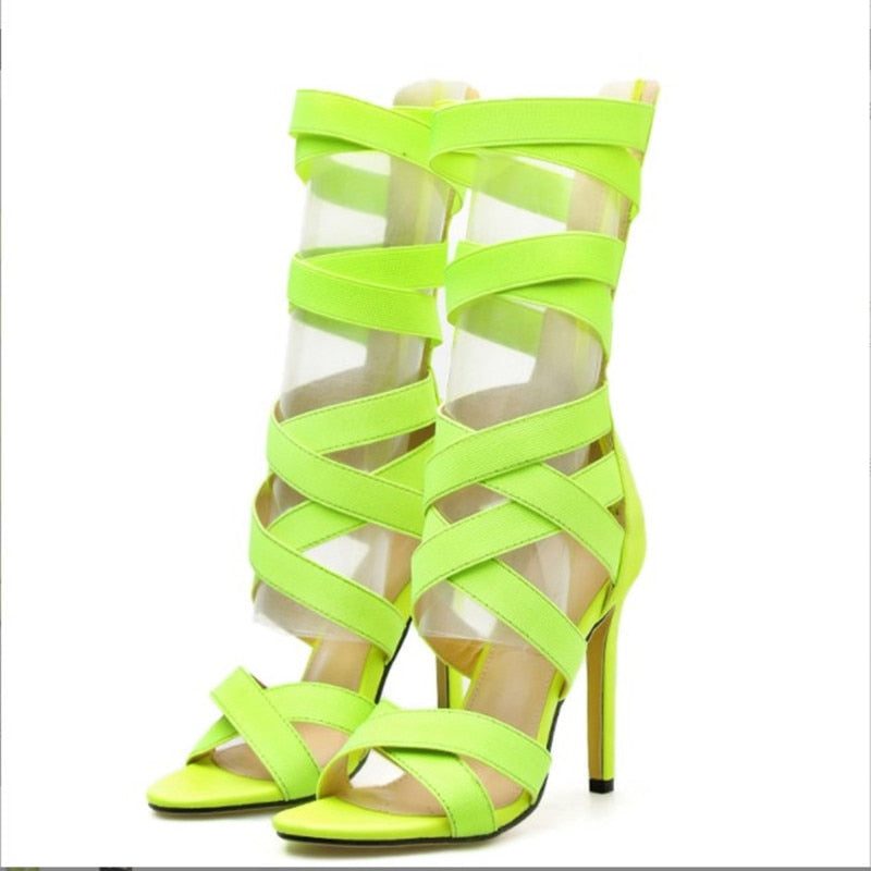 Stretch Fabric Zipper Peep Toe High Heel Hollow Out Ankle Boot Sandals