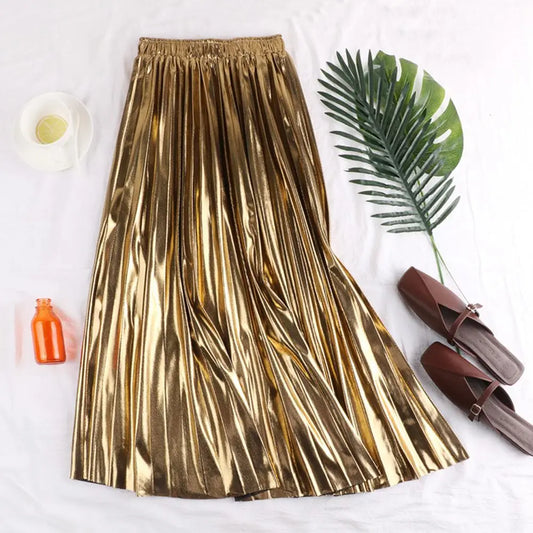 Metallic Pleated High Waist Solid Midi Skirt