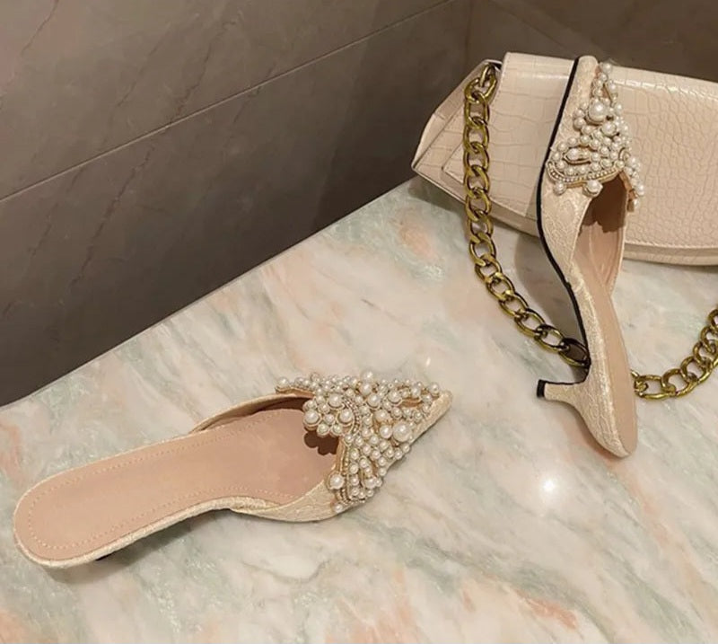 Pearl Crystal Patchwork Slip-On Thin Heel Mule Pumps