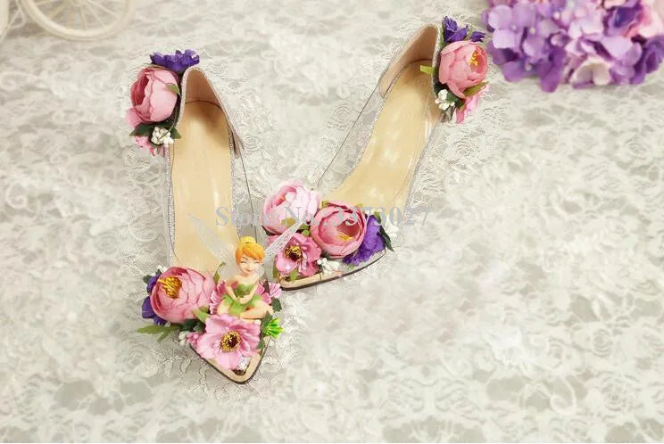 Pink/Baby Blue Rose Flower Decor Women's High Heel Pointed Toe Slip-On Pumps