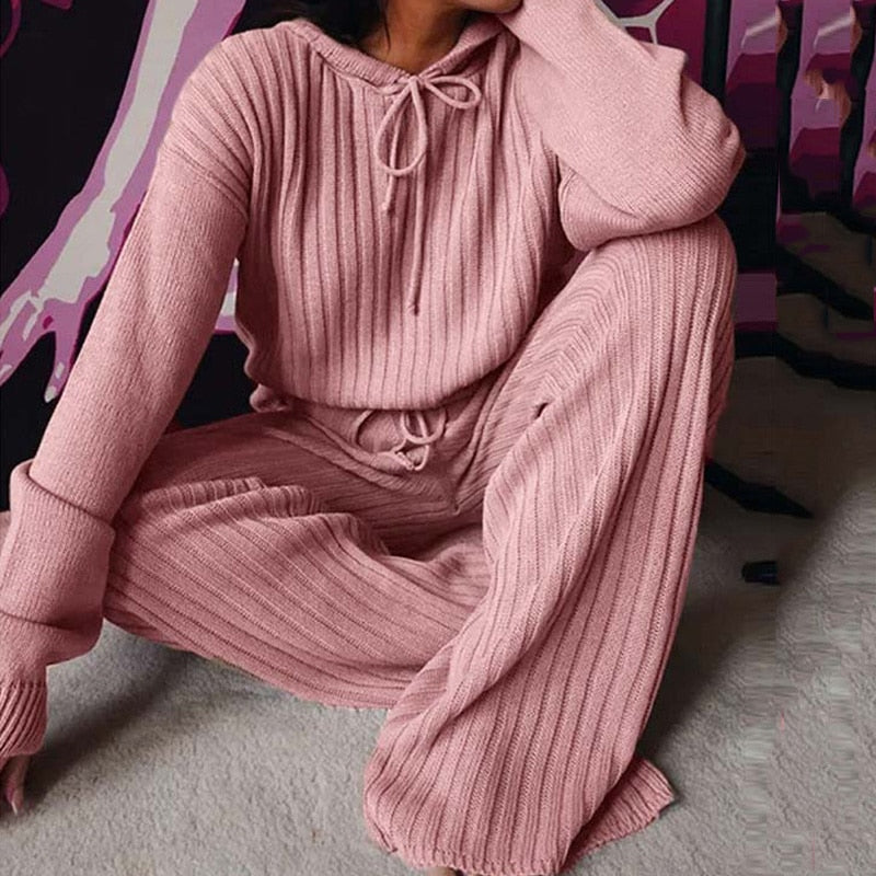 Knitted Hooded Pajama Set Pajama  Long Sleeve Loungewear Set