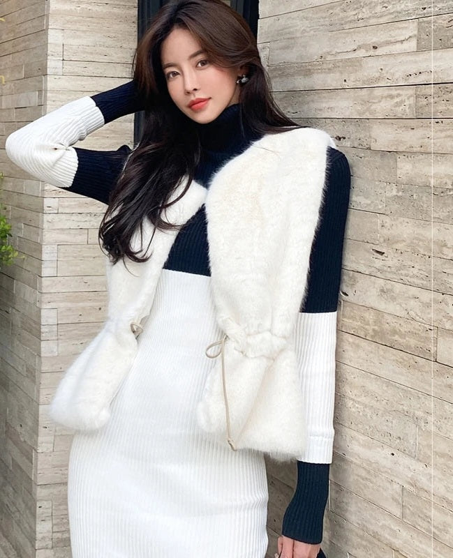 Black/White Patchwork Colorblock Turtleneck Knitted Long Sleeve Skinny Fit Midi Sweater Dress