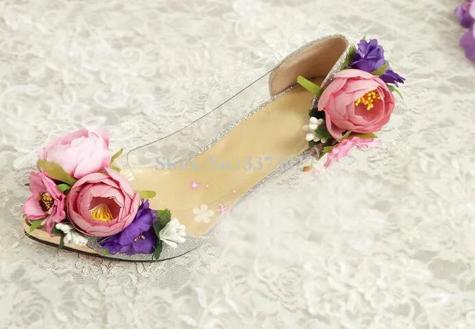 Pink/Baby Blue Rose Flower Decor Women's High Heel Pointed Toe Slip-On Pumps