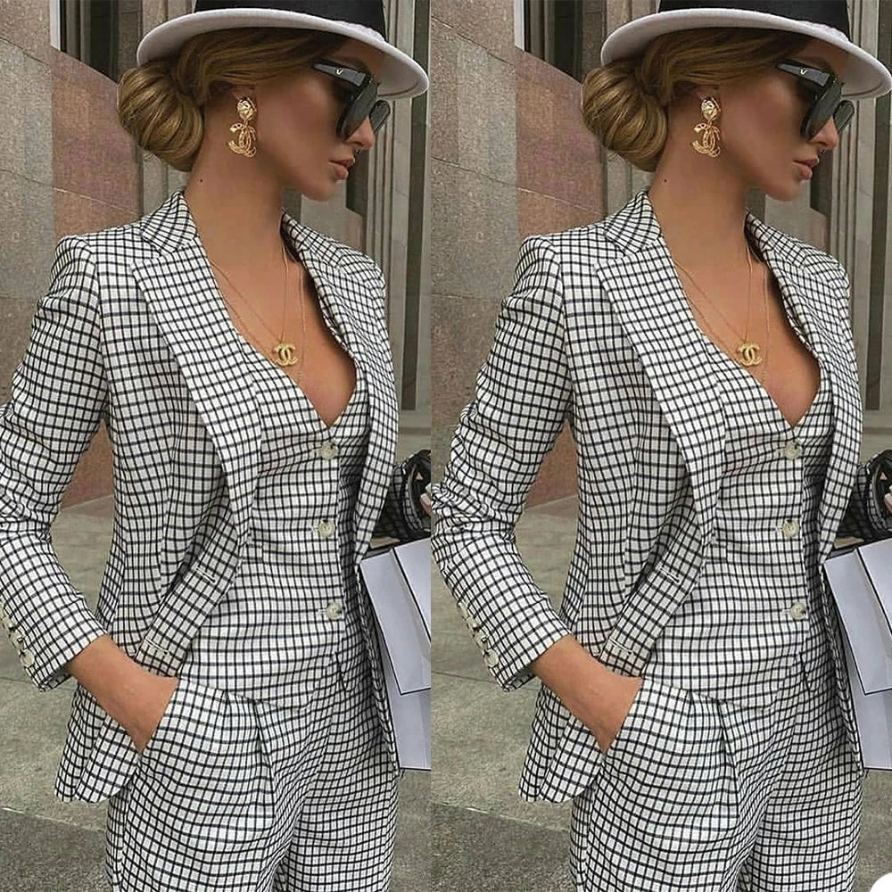 Plaid Women's Tailored Made White/Black Blazer Jacket + Vest + Pants Slim Fit 3-Piece Suit to 5X