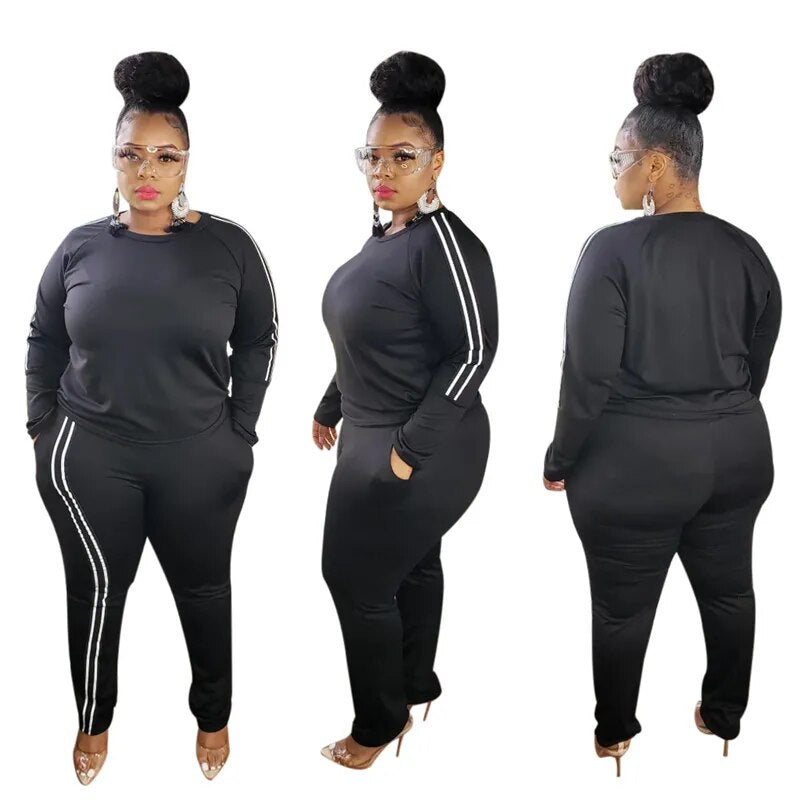 Solid O-Neck Side Striped Women's Long Sleeved Sweatshirt + Matching Sweatpants Tracksuit Sweatsuit to 5X Plus Size