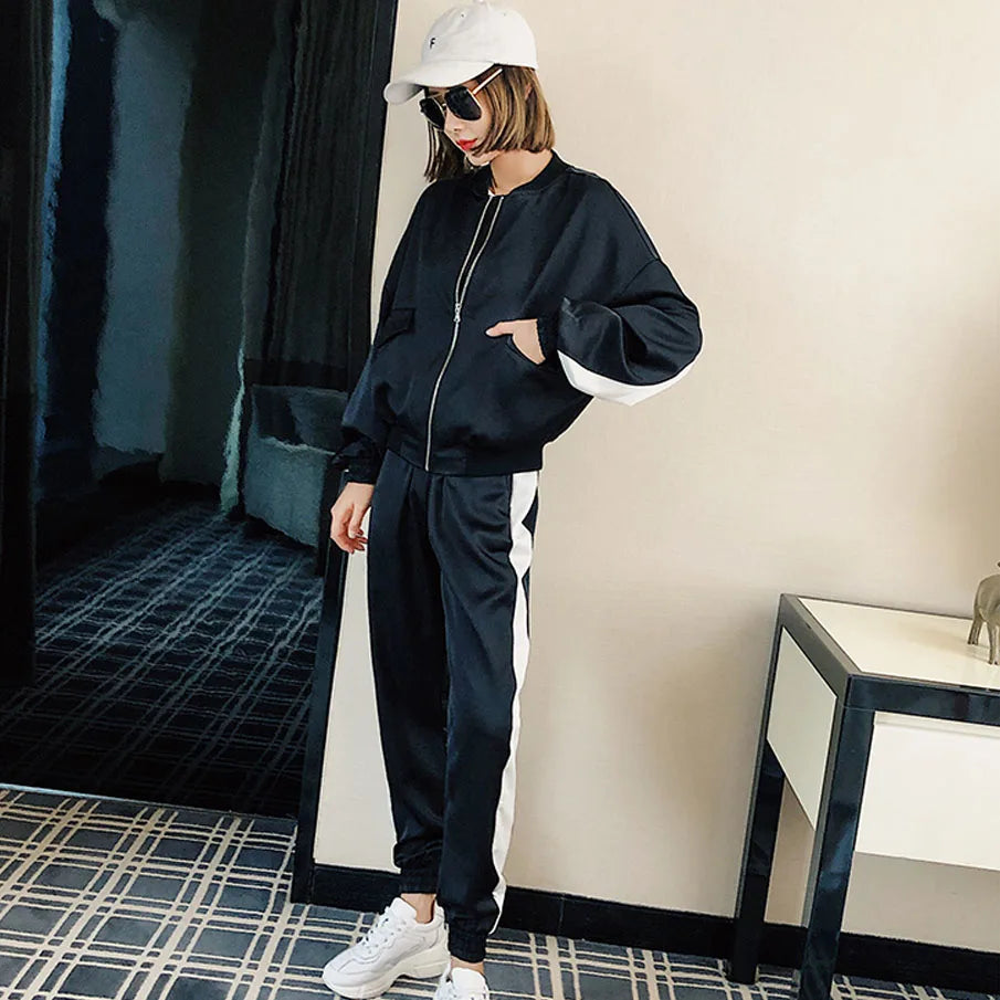 Satin Zipper Side Striped Ladies Jacket + Drawstring Pants Tracksuit