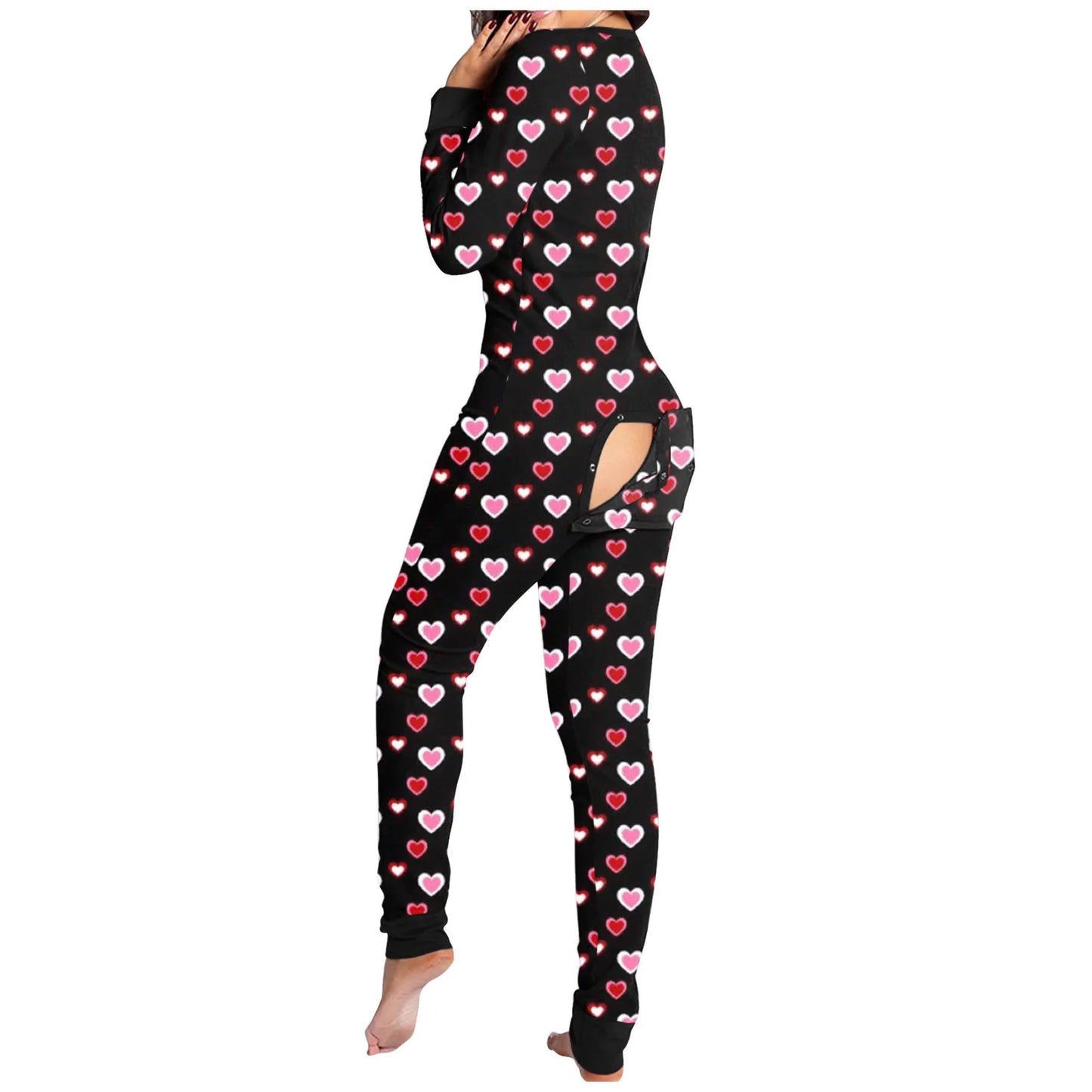 Women's Heart/Lip Print Long Sleeve One-Piece Button-Up Open Flap Back Onesie