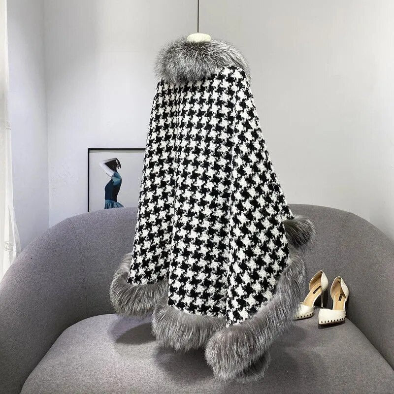 Faux Mink Fur Capes Houndstooth 2-Sided Cloak Cardigan Cape Shawl