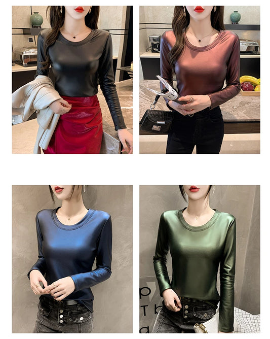 PU Leather O-Neck Colorblock/Solid Velvet Lined Long Sleeve Patchwork Elastic Women's Shirt to 4X Plus Size