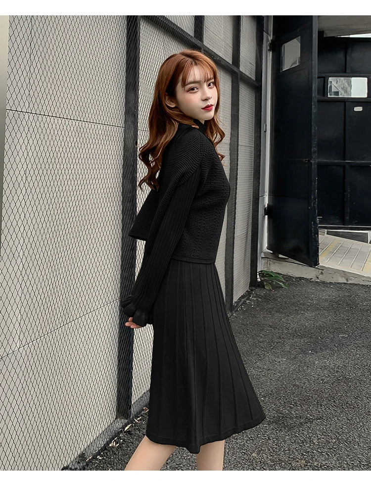 Solid Long Sleeve Pullover Sweater + Knitted Pleated Midi Skirt 2-Piece Set