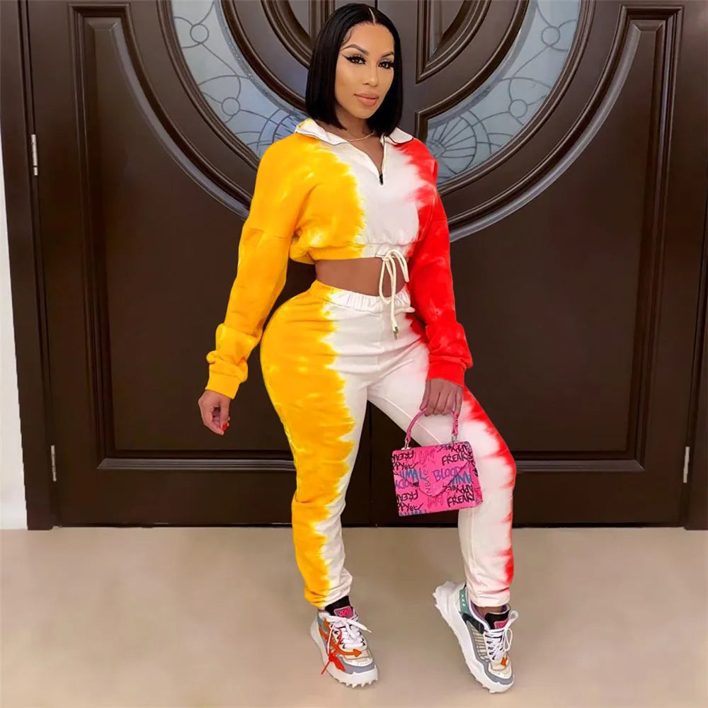 Tie-Dye Colorblock Women's Long Sleeve Zipper Pullover Crop Top + Sweatpants Tracksuit