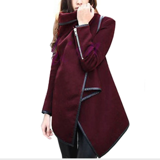 Wool Asymmetrical Women's Irregular Long Sleeve Zipper Detail Shawl Style Jacket