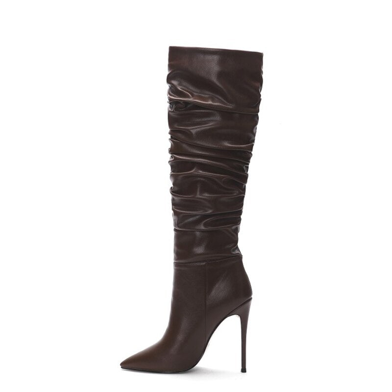 Pointed Slouch Pleated Ladies Knee High Boots